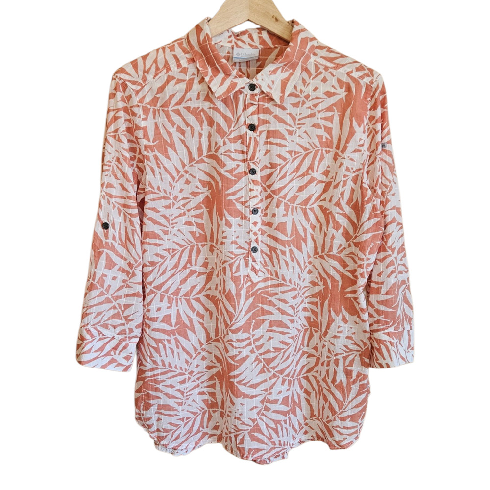 Columbia Sportswear Women's XL Orange White Leaf Print 3/4 Roll-Tab Sleeve Top